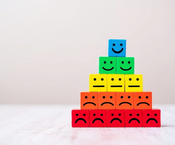 Emotion face symbol on wooden cube blocks. Service rating, ranking, customer review, satisfaction and feedback concept.